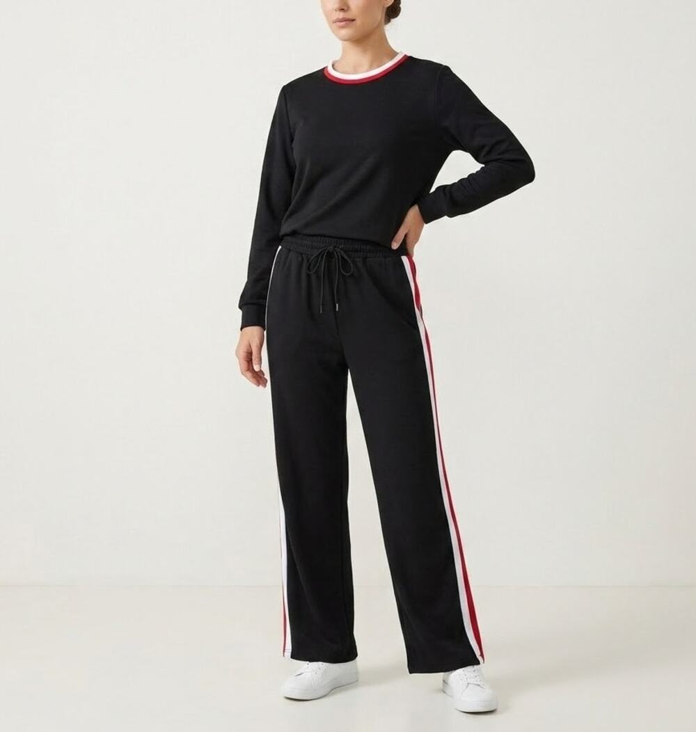 Wiholl 2 Piece Sweatshirt & Sweatpants Set Black Red White Stripe Women Size M